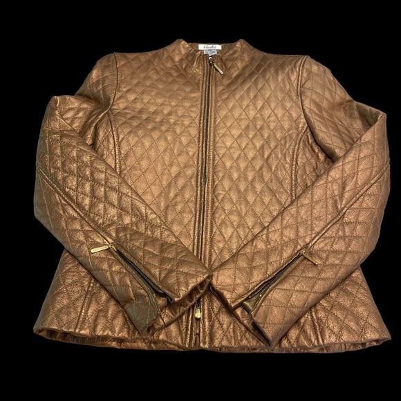 NEW Vintage 80s 90s Blushe Impressions Gold Quilted Leather Zipper Jacket w/belt - Picture 2 of 14